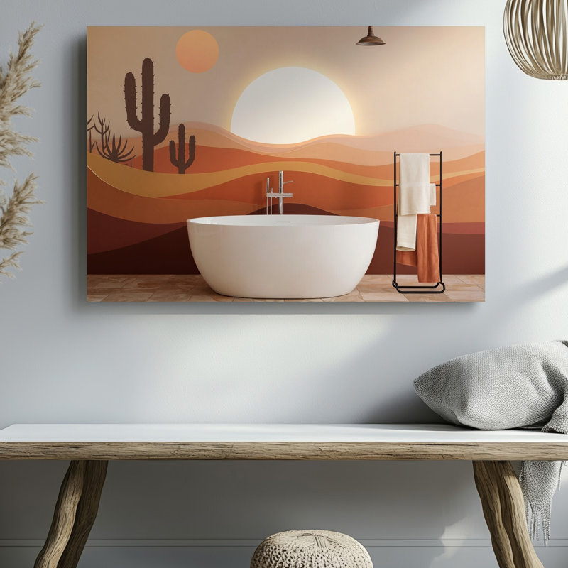 Toile d'une scène de salle de bain sereine avec une baignoire autoportante blanche située sur un sol en pierre texturée élégamment encadrée par une toile