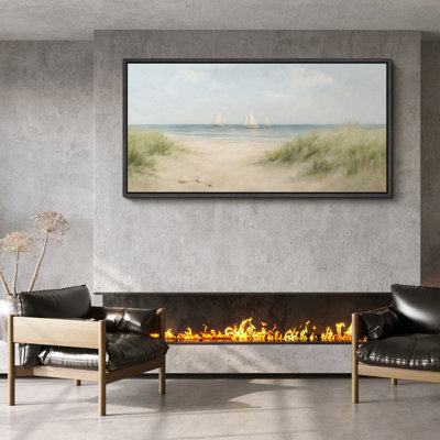 Voiliers tranquilles sur la côte, toile encadrée - doux paysage côtier avec dunes et mer