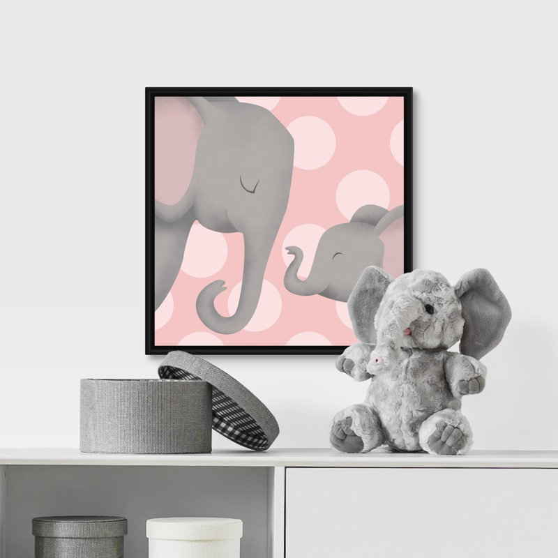 «Elephant Mommy and Baby on Pink», impression, Cadre pour toile flottant noir, H 16 po x l 16 po x P 1,75 po