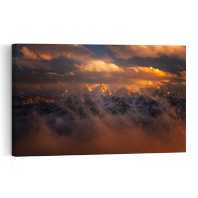 Golden Mountain Peaks Dramatic Serene Tranquil Landscape Mountain Wall Art Print 1 Piece Wrapped Canvas Wall Art