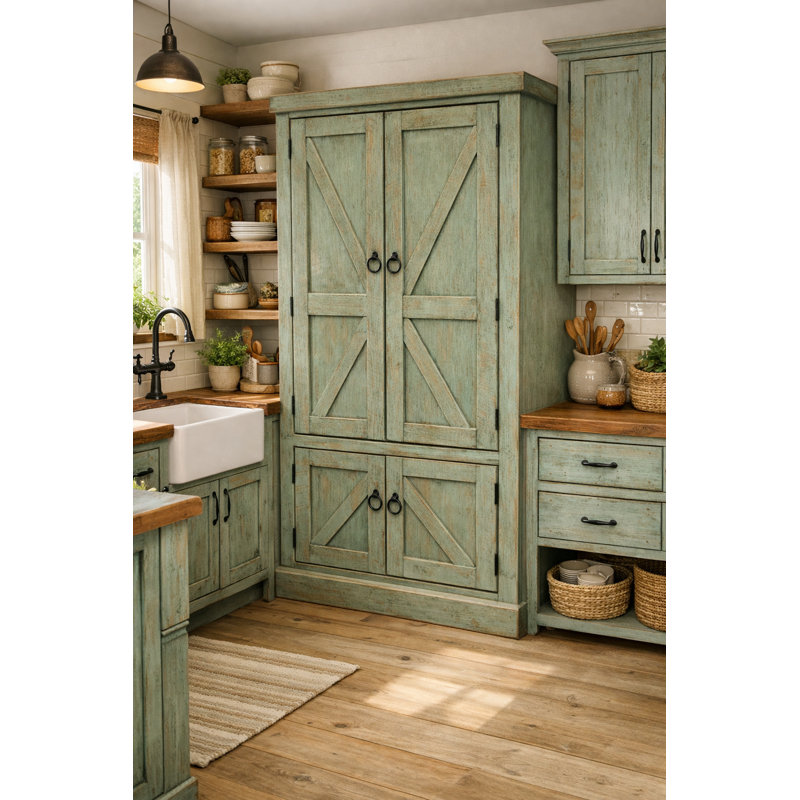 Blissfield 74.75'' Kitchen Pantry, Rustic Aquamarine