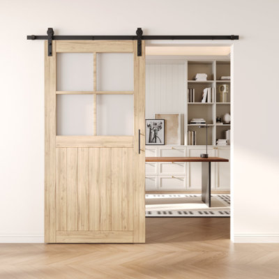 Porte de grange en verre givré non assemblé et non fini avec ensemble de quincaillerie d'installation sans dérivation Homacer 50 po x 80 po Homacer
