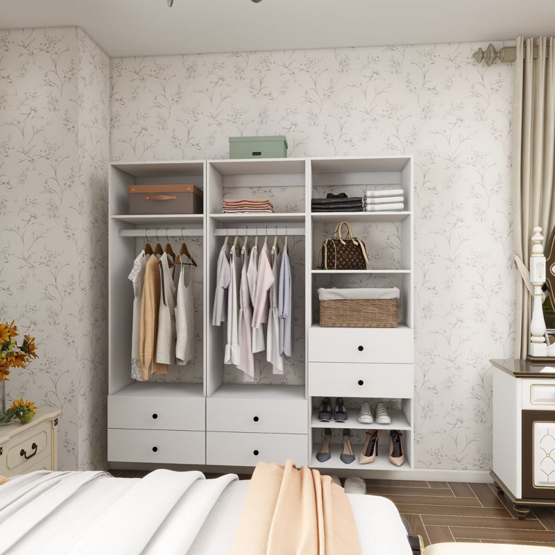Système d'organisation modulaire blanc avec 2 tringles, 7 tablettes et 6 tiroirs