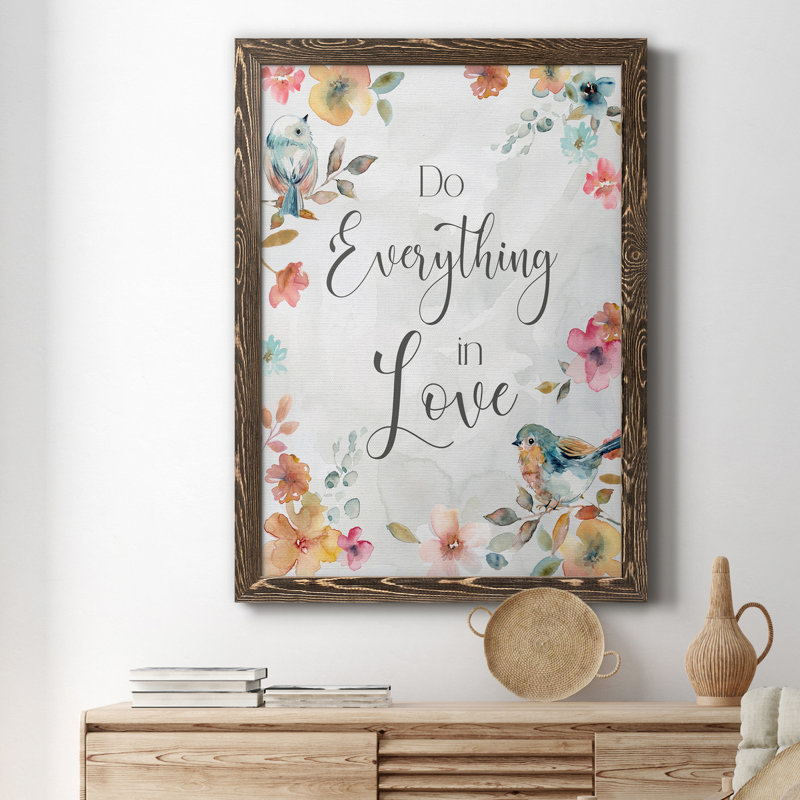 «Spring Bird Love», art textuel sur toile, H 31,5 po x l 23,5 po x P 1,5 po, Noyer