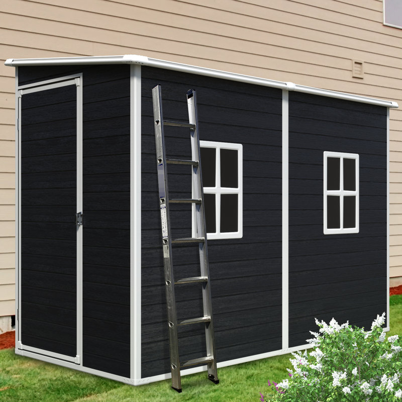 Remise en résine 8 pi x 4 pi avec plancher. Imperméable, verrouillable. - Extérieur. Fenêtres et ventilation pour patio, cour, pelouse 4 x 8 pi verrouillable, imperméable. -. - Noir