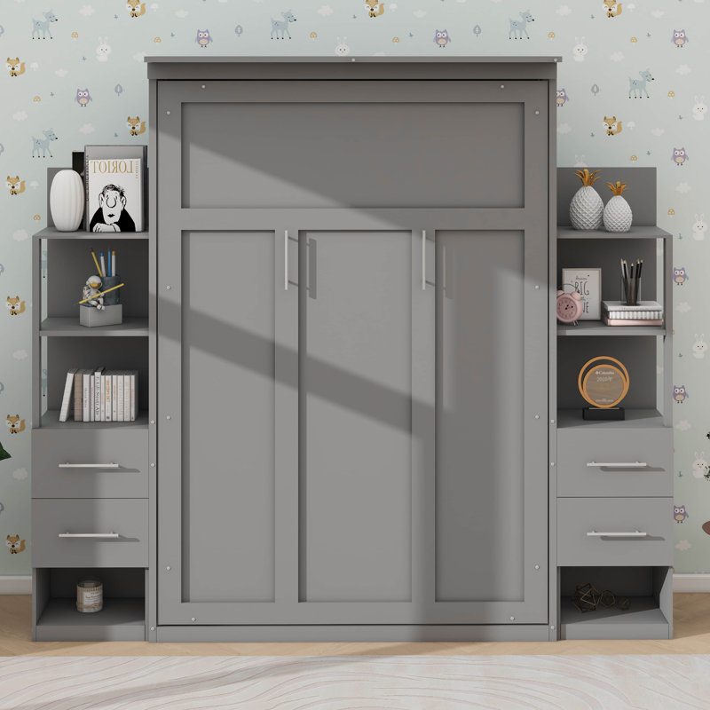 Lit escamotable mural polyvalent avec tablettes, tiroirs et éclairage DEL, Gris, Lit double