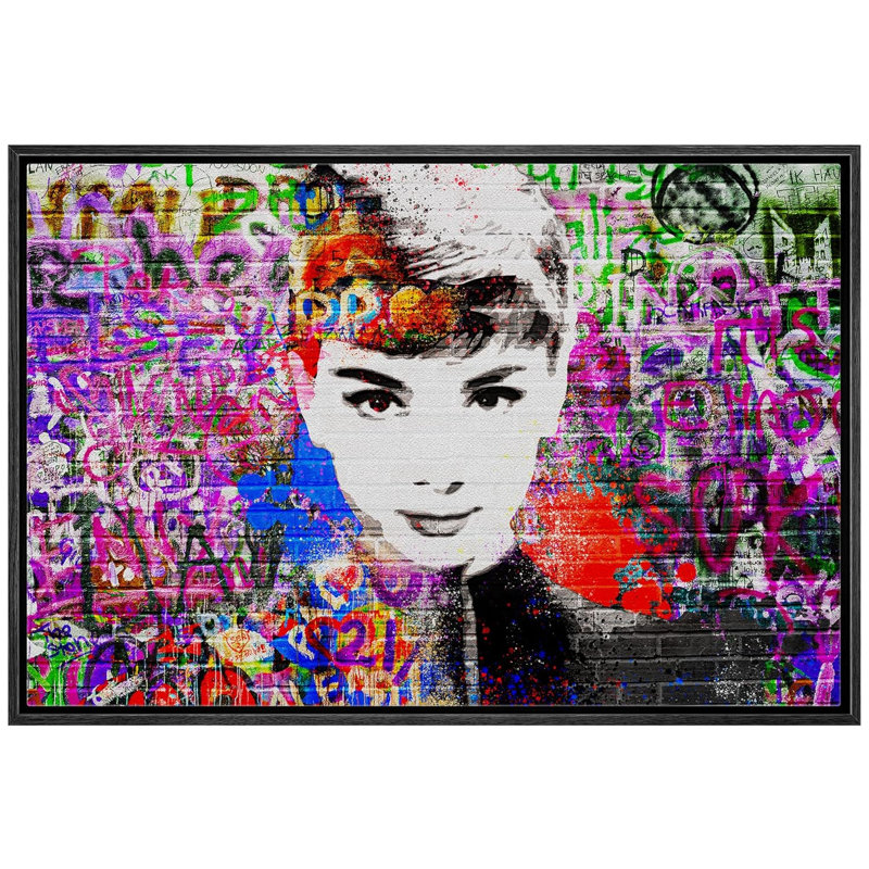 Graffiti Street Art Style Audrey Hepburn, Pop culture, célébrités, réalisme, portrait ultra sur toile, Cadre flottant noir