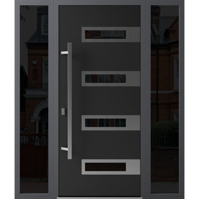 Porte avant en acier pré-suspendue à l'avant / émail noir Ronex 0131/2 fenêtres extérieures latérales / inserts en acier inoxydable avec entrée en métal peint moderne l 16 + 36 + 16 po x H 80 po à droite