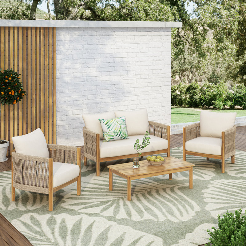 Ensemble de conversation d'extérieur avec coussins 4 pièces Harrill, Finition teck / corde beige
