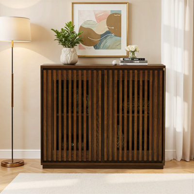 Mid Century Modern Fluted Hollowed Out Sideboard Cabinet with 2 Outlet Holes