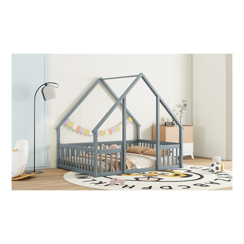  Lit en bois en forme de maison en bois avec clôture, garde-corps, Gris, Bois