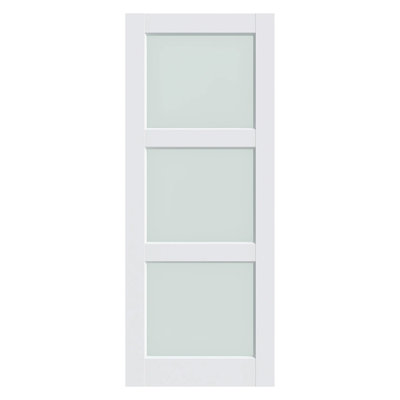 Dalle de porte intérieure française 28 po x 80 po 3-Lite, verre trempé givré, noyau solide, apprêté blanc