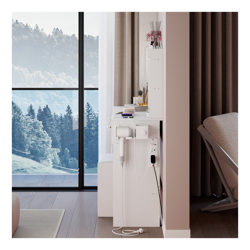 Full Body Mirror Cabinet + Round Mirror LED Vanity Table + Cushioned Stool, With 2 AC + 2 USB Power Station,17" Diameter LED Mirror, Touch Control, 3-Color, Brightness Adjustable, Large Desktop
