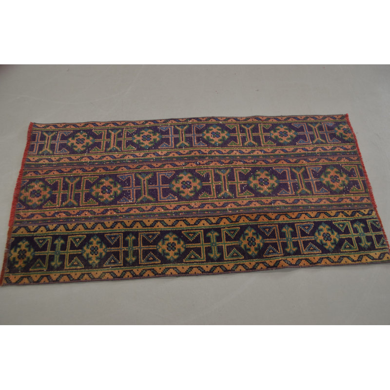 Petit tapis turc rétro avec patchwork en bleu pour vestibule 9178