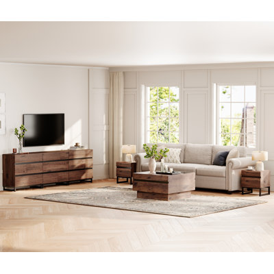 4-Piece Living Room Table Set, 94.5 Inches Tv Stand With 9 Drawers, 2 Nightstand With 2 Drawers, Side Table For Bedroom, Modern Coffee Table With Top, Living Room Furniture Set, Brown