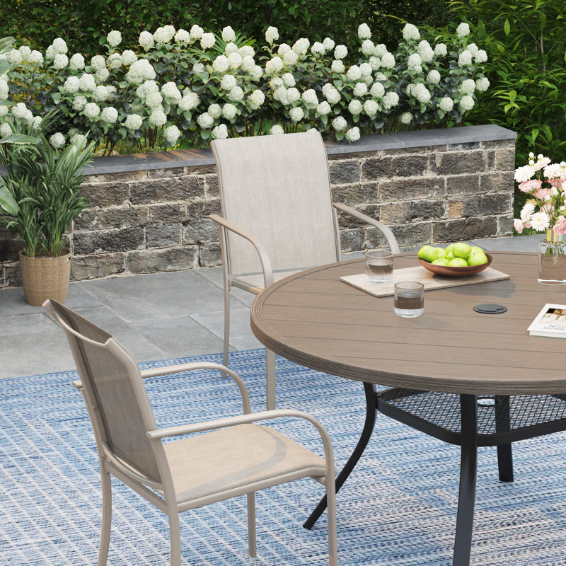 4-Person Square Patio Dining Set With Stackable PVC-coated polyester Chairs, Brush Wood Gray/Sandshell