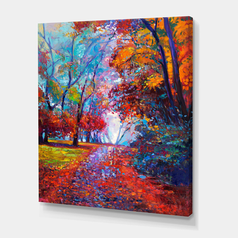 Petite route à travers le paysage d'automne rouge - peinture sur toile, H 20 po x l 12 po x P 1po, Toile tendue