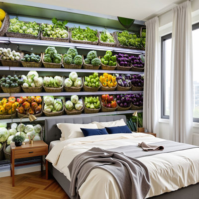 Peel and Stick Wallpaper 144" W x 100" H Modern Self Adhesive Wall Mural for Bedroom Fruits vegetables supermarket