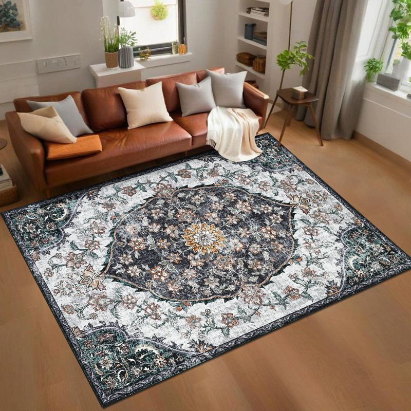 5x7 Vintage Area Rug Washable Rug Indoor Carpet for Living Room Playroom Bedroom Dining Room Office Black, Rectangle 5' x 7'
