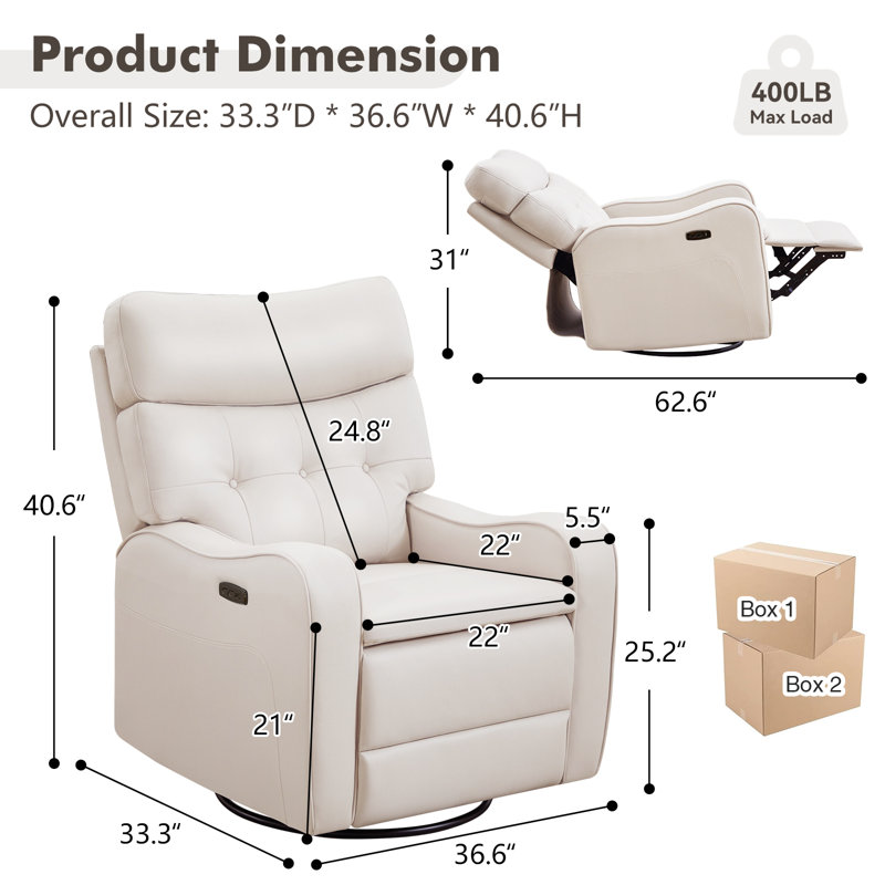 37'W Modern Faux Leather Oversize Power Recliner Chair With Swivel and Rocker, Beige