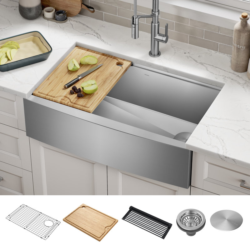 KRAUS Kore™ Workstation Farmhouse Apron Front 16 Gauge Single Bowl Kitchen Sink, Stainless Steel