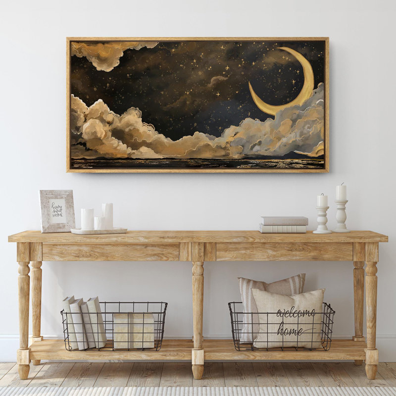 Moody Yellow Crescent Moon Night Clouds Home Decor Extra Large Picture Framed Canvas Print Wall Art, 30" H x 60" W, Natural