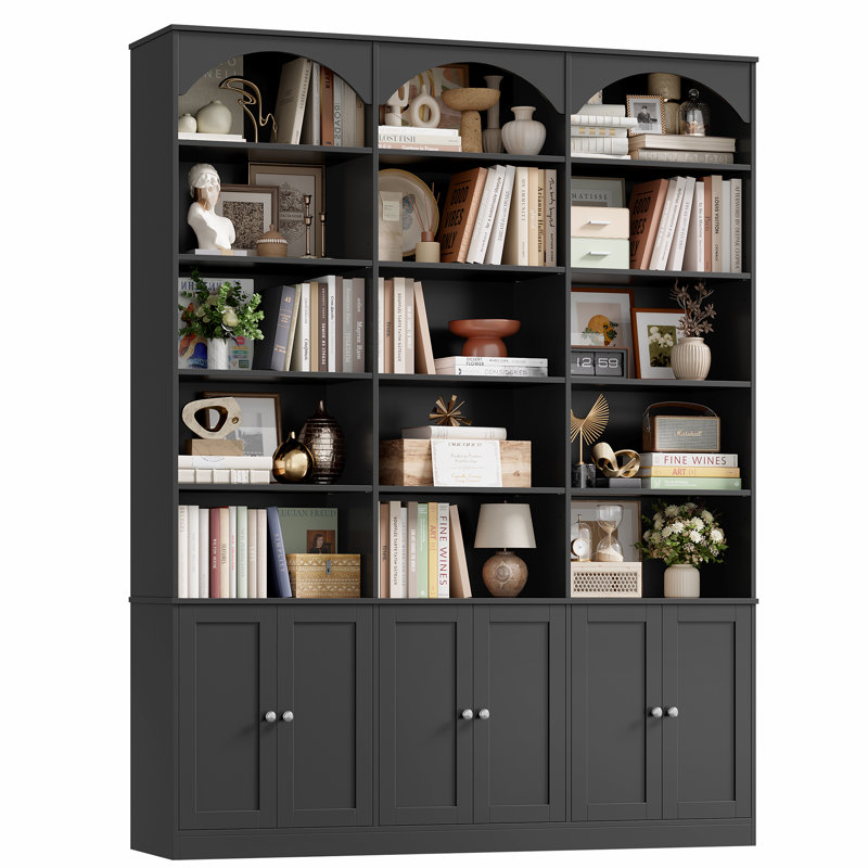 Bibliothèque moderne H 77,8 po x l 61,3 po, vitrine arquée élégante avec tablettes à 7 niveaux et rangement à 6 portes, Black