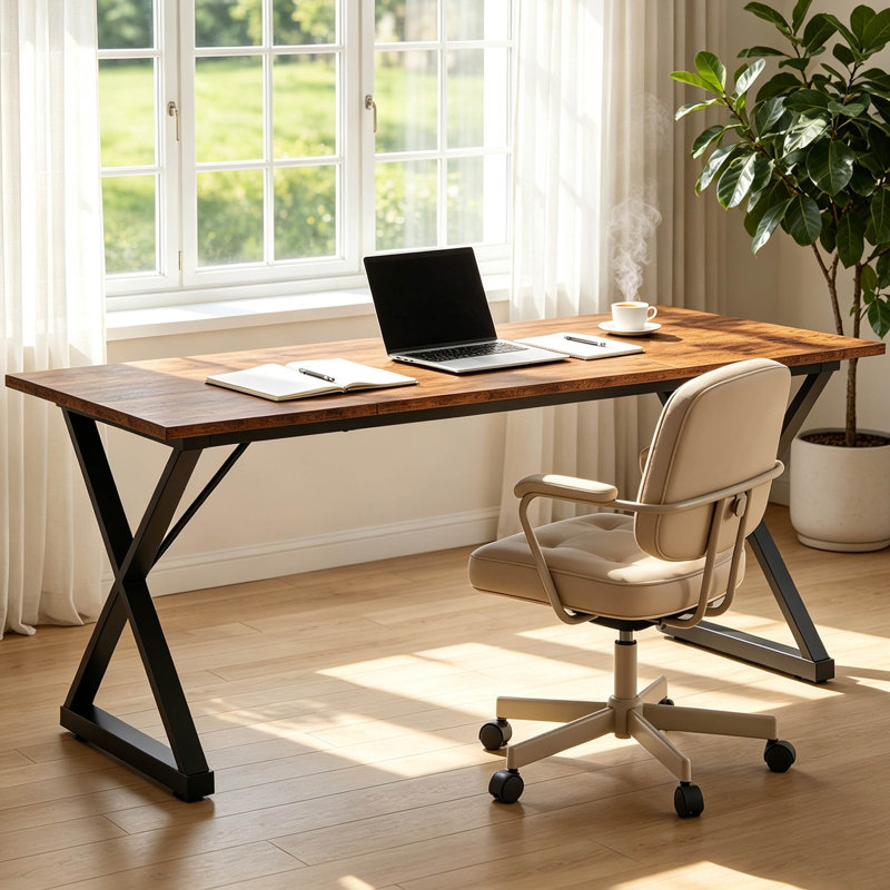 Bureau de direction 71 po avec structure en métal et finition en bois rétro, grand bureau d'ordinateur avec une capacité de 360 lb pour le bureau personnel - Table d'écriture ergonomique avec pieds réglables