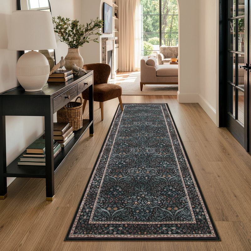 Vintage Floral Washable 2X6 Black Indoor Runner Rugs for Entryway Bedroom, Boho Non-Slip Forest Carpet Area Rug for Living Room