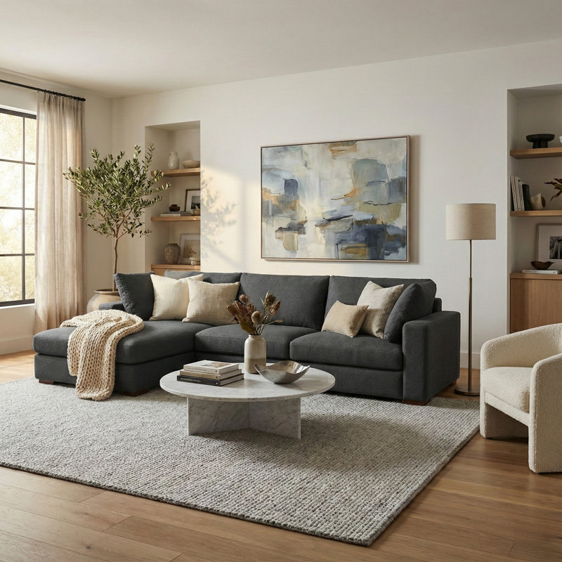 Charlie Large Deep Seater L-Shaped Performance Fabric Sofa in Contemporary Style, Pebble Gray, Left Sectional Sofa