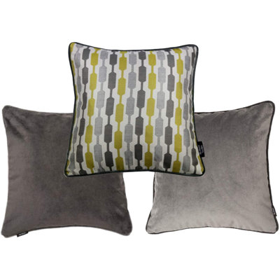 Ochre Yellow, Silver + Grey Geometric And Plain Velvet 43Cm X 43Cm Cushion Covers Set Of 3