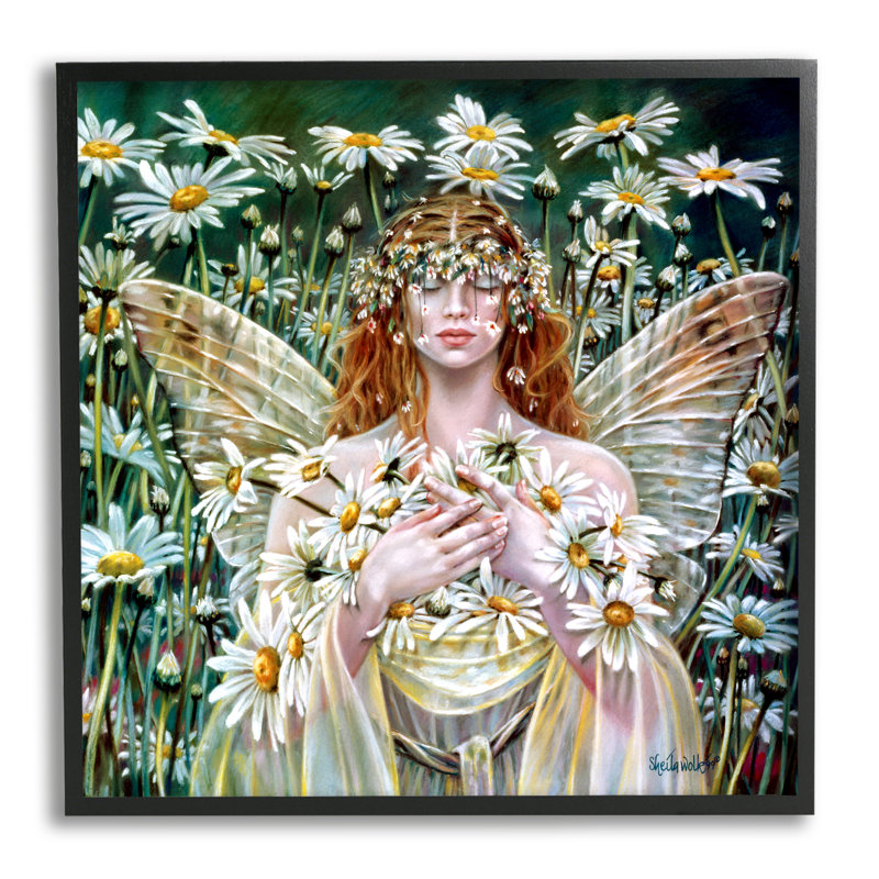 Champ de marguerite féerique par Sheila Wolk, H 12 po x l 12 po, Giclée encadrée noir minuit