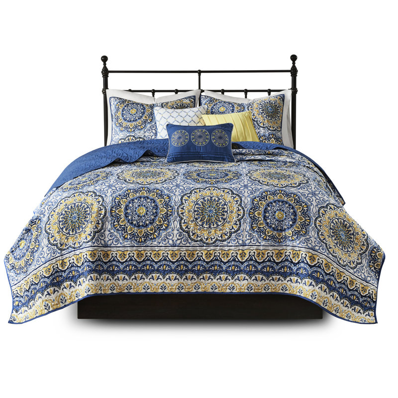 Courtepointe bleue / double - 6 pièces, médaillons floraux, coussins brodés, machine à médaillon lavable, décoration intérieure