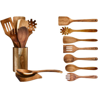 9-Piece Acacia Wood Kitchen Utensil Set With Holder & Spoon Rest, Non-Scratch Wooden Spoons For Nonstick Cookware, Heat Resistant, Durable & Lightweight Cooking Tools