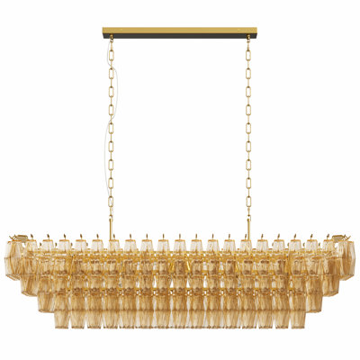 Lustres rectangulaires noirs / dorés de 54 po pour la salle à manger, grand lustre en verre fumé 12 niveaux à 4 niveaux, îlot de cuisine moderne pour îlot de cuisine pour vestibule de salon (ampoule non incluse)