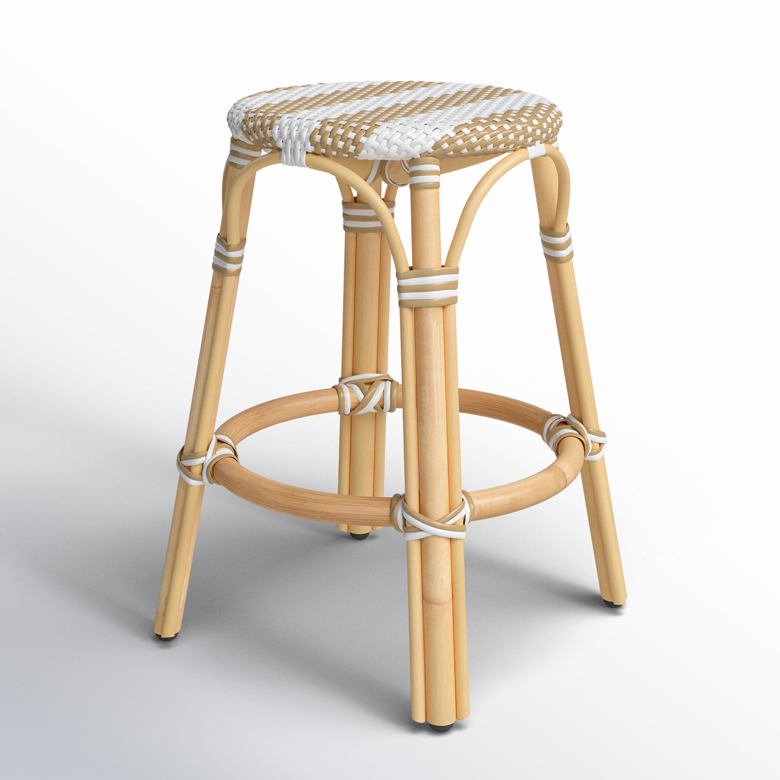Alastair Bar & Counter Stool, Counter Stool (24" Seat Height), Tan/White Stripe/Natural Rattan Frame