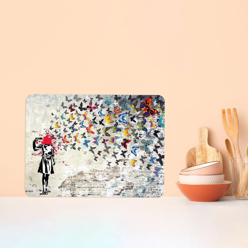 Planche à découper en verre inspirée de Banksy, avec une conception de papillons, idéale pour les décorations de cuisine modernes et les pique-niques