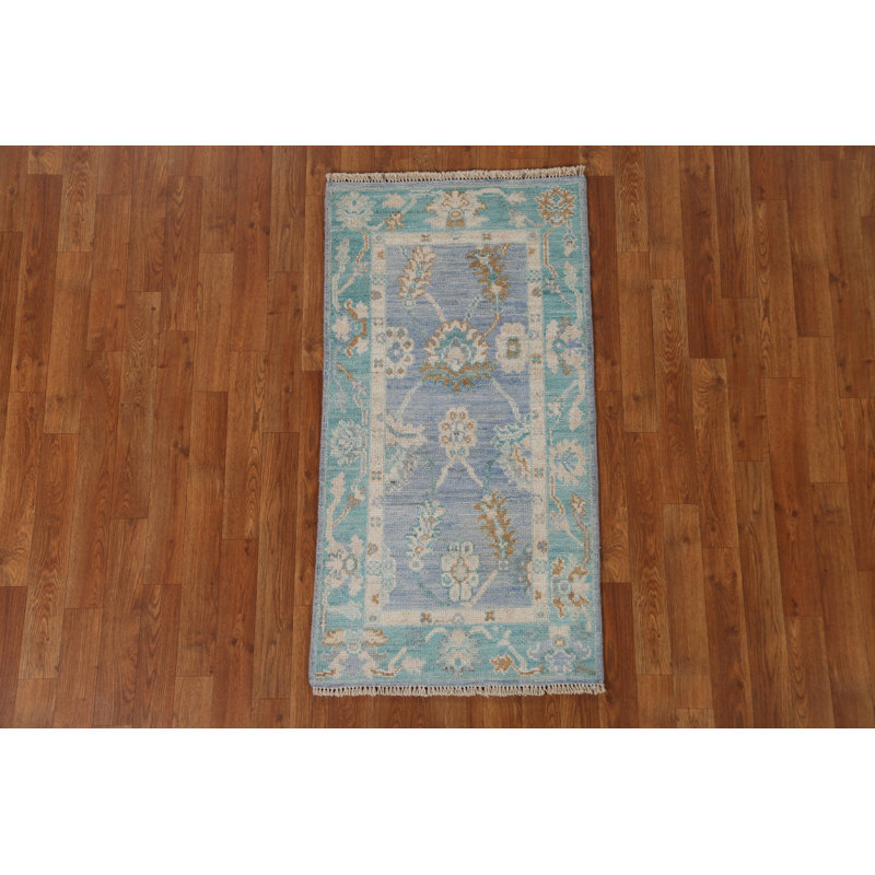 Tapis bleu en laine noué à la main de conception unique 2 pi 1 po x 4 pi 0 po New Age
