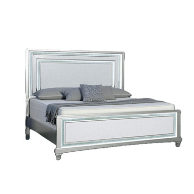 King Size Bed Frame with LED Headboard and Faux Crystal Trim, Gray and Silver Finish, Poplar Wood Construction