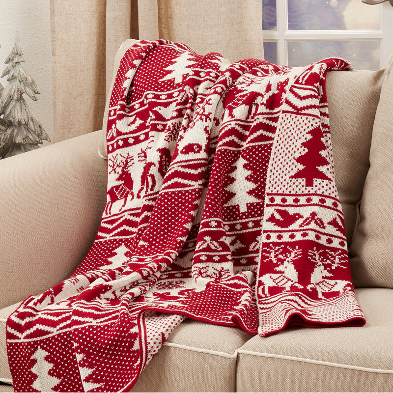 Red and White Reindeer Christmas Tree Knit Throw Blanket