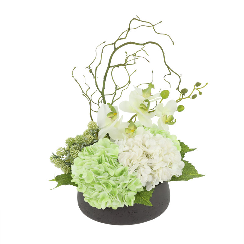 Organic Modern Arrangement with Orchids and Hydrangeas, Light Green