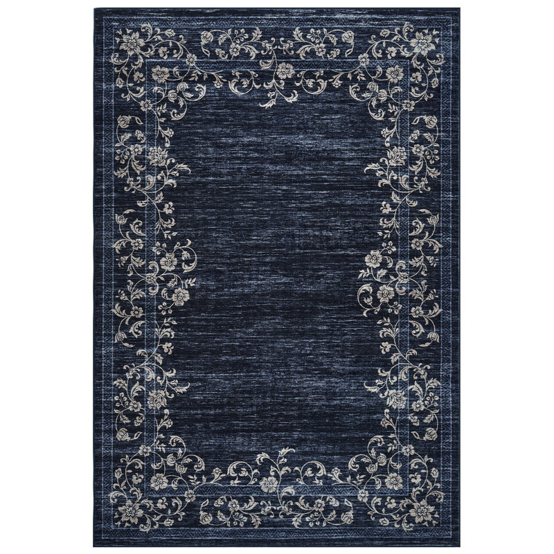 Machine Washable Non-Slip Rugs for Living Room Border Floral Vintage Distress Print Carpet Indoor Non-Shedding Rugs for Living Room Dining Room