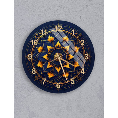 Tempered Glass Wall Clock, Navy Blue Gold Lotus Mandala Art, Large Modern Round Timepiece for Living Room, Zen Floral Design, Unique Gift