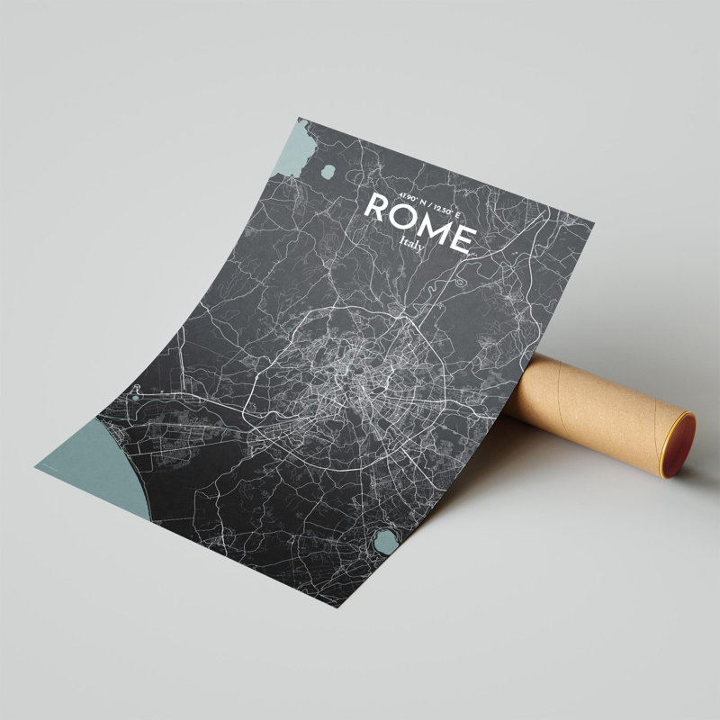 Rome, carte de la ville, impression dans la nature, H 17 po x l 11 po, Gris / noir