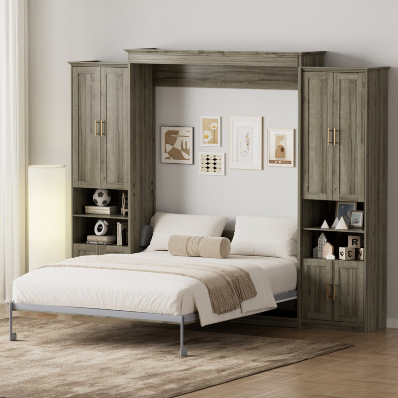 Murphy Bed With Storage Cabinet Shelves, Queen Wall Bed And USB Port, Gray