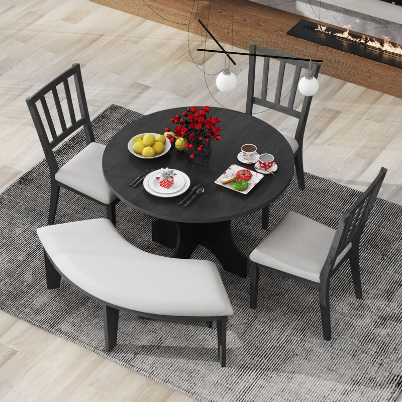 Modern Zanera 5-Piece Dining Table Set, 44" Round Dining Table with Curved Bench & Side Chairs,kitchen table set,dining table set,dining room set
