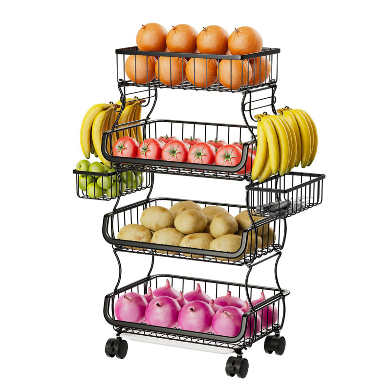 Chariot roulant à 4 étages, panier de légumes empilable avec roues et 2 paniers suspendus, noir