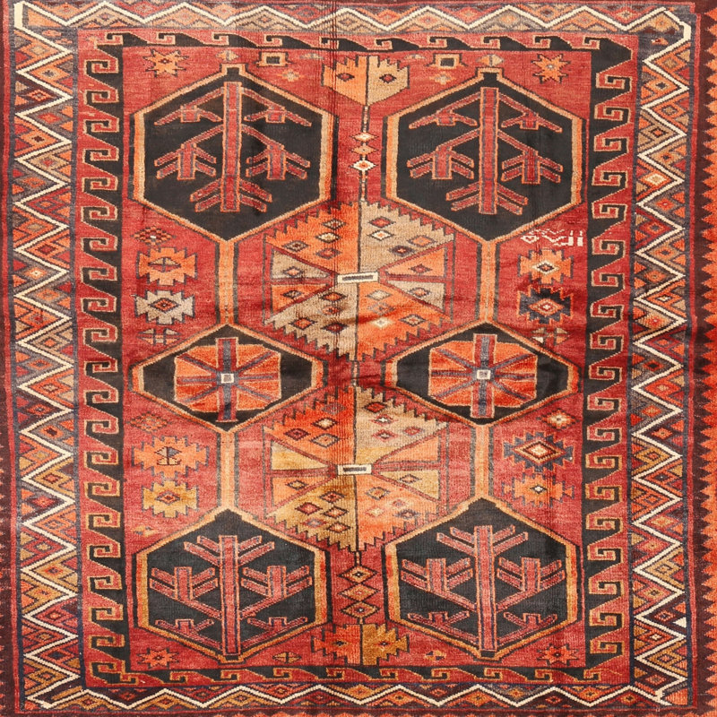 Tapis traditionnel rouge / noir / jaune clair, Carré 7 pi