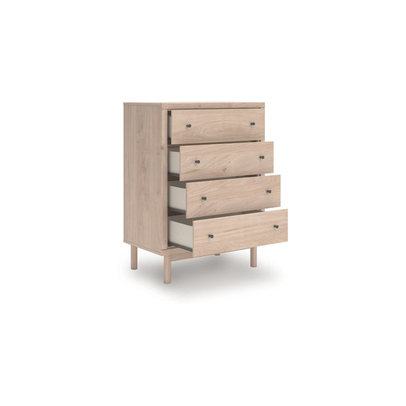 Commode haute Rox, 4 tiroirs avec boutons en métal noir, brun clair