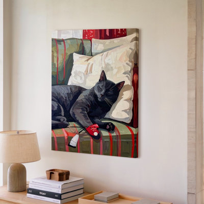 Cozy Couch Cat Sleeping Gray Cat With Red Sneaker Some Naps Wall Art Canvas Ready To Hang Gallery Wrapped Home Decor Premium Quality